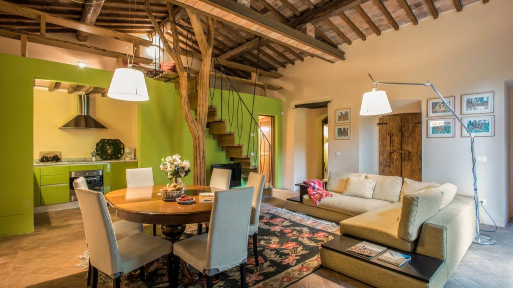 Frantoio Apartment living room with oak tree